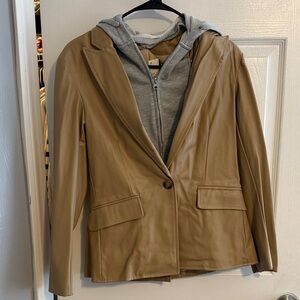 Evereve Camel Leather Blazer with Gray Hooded Layer